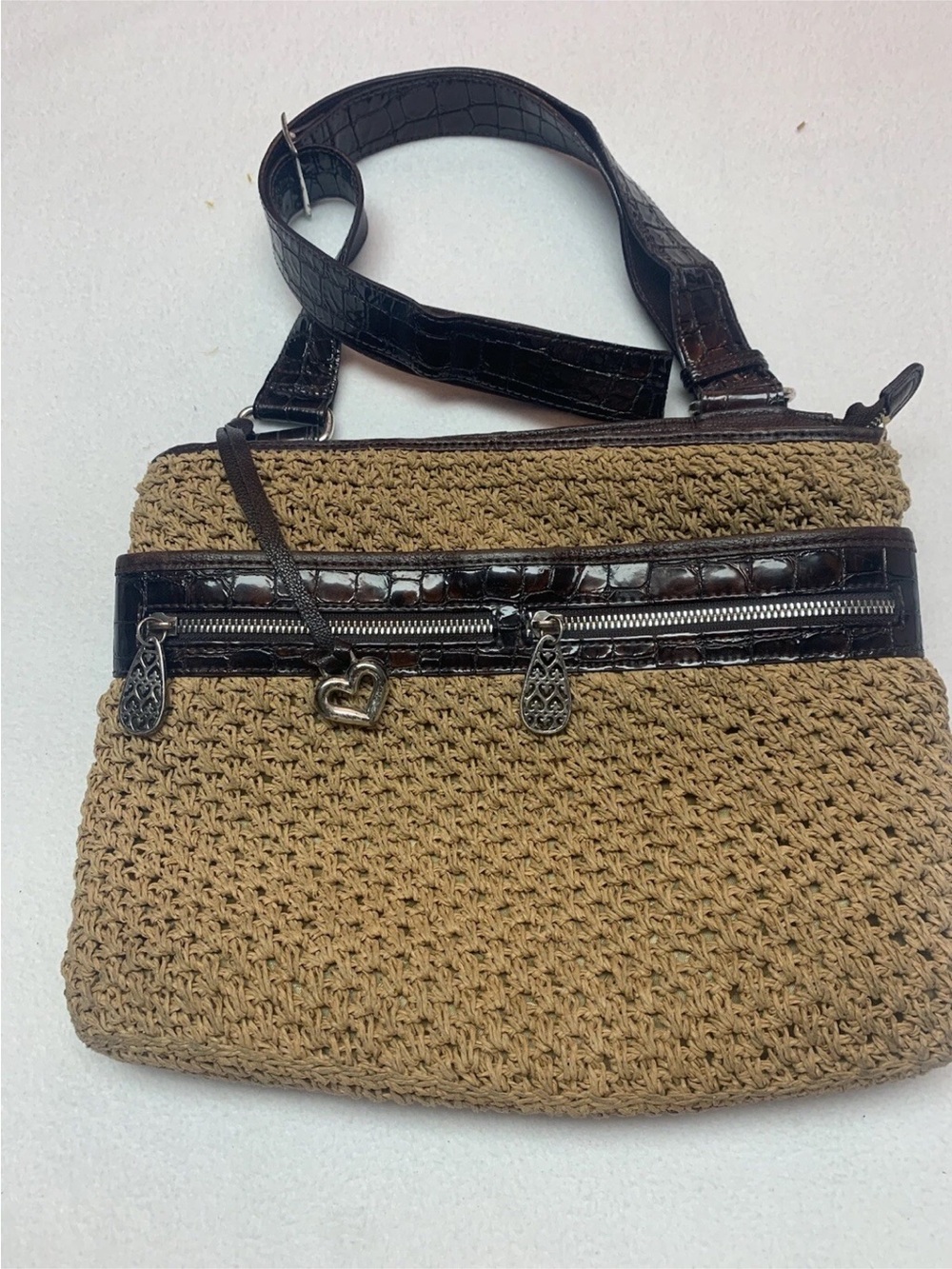 Brighton Tan Woven Shoulder Bag with Dark Brown Trim